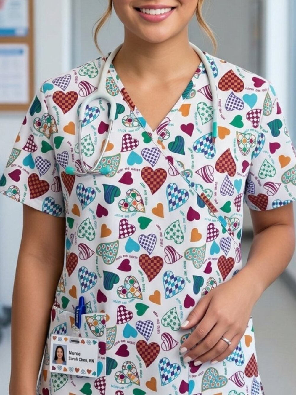 Delta Hugs and Kisses Colorful Valentine Heart Mock Wrap Scrub Top Size Medium